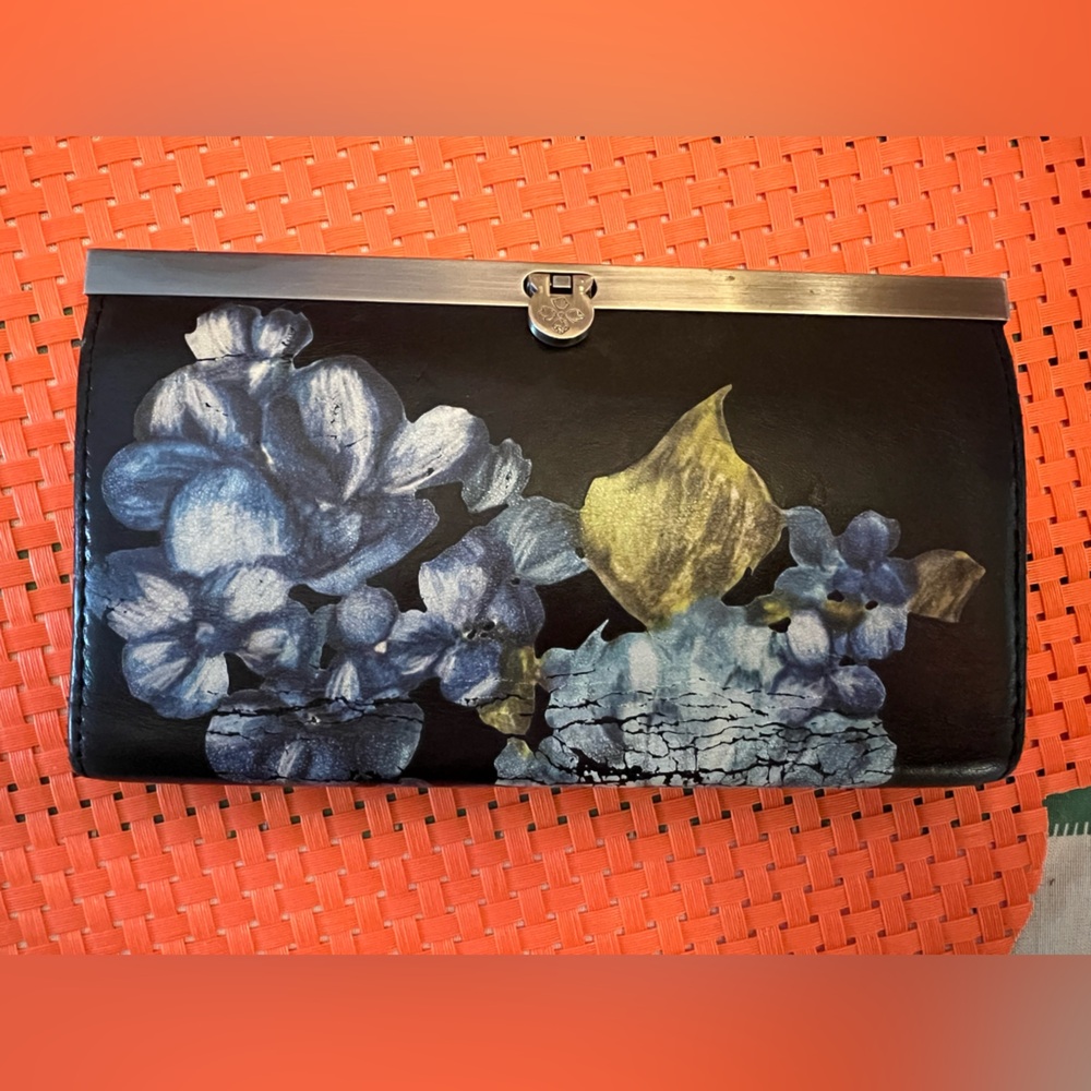 Patricia Nash Black Leather Floral Frame Clutch with Blue and Gold Flowers